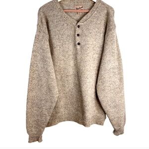 VTG 90s Woolrich Wool Henley Sweater L MADE IN USA Oatmeal Beige Grandpa Cabin